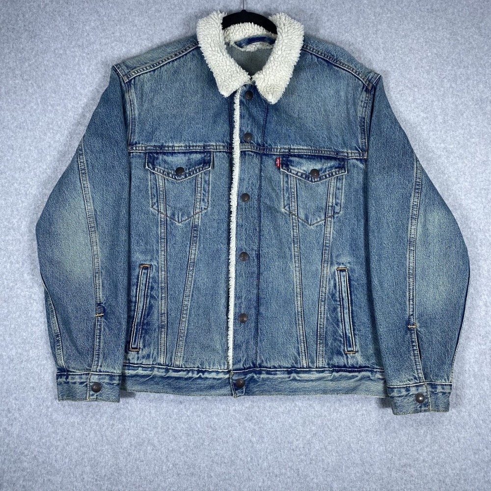 Levi's Sherpa Trucker Jacket Mens Large Blue Denim Fleece Lined Coat